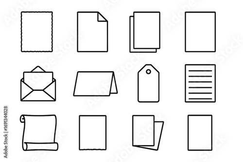 Icon Set_ Calligraphy Papers. Outline icon set of calligraphy papers and surfaces: cotton paper, vellum, tracing paper, kraft