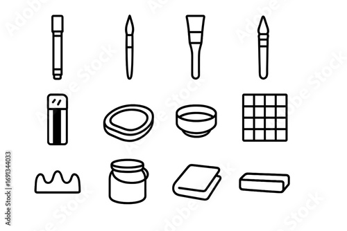 Calligraphy Tools Icons. Outline icon set of brush calligraphy kit: brush pen, round brush, flat brush, water brush, sumi ink