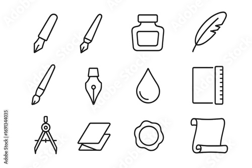Calligraphy Tools Icons. Outline icon set of calligraphy tools: fountain pen, dip pen, ink bottle, quill, brush pen, calligraphy