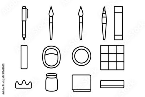 Calligraphy Tools Icons. Outline icon set of brush calligraphy kit: brush pen, round brush, flat brush, water brush, sumi ink