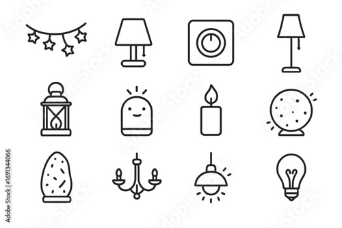 Calming Lighting Icons. Outline icon set of calming bedroom lighting: fairy lights, bedside lamp, dimmer switch, floor lamp,