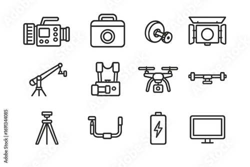Camera Equipment Icons. Outline icon set of camera equipment: cinema camera, lens case, follow focus, matte box, camera crane,