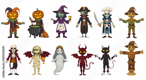 A collection of whimsical Halloween cartoon characters in various spooky costumes.