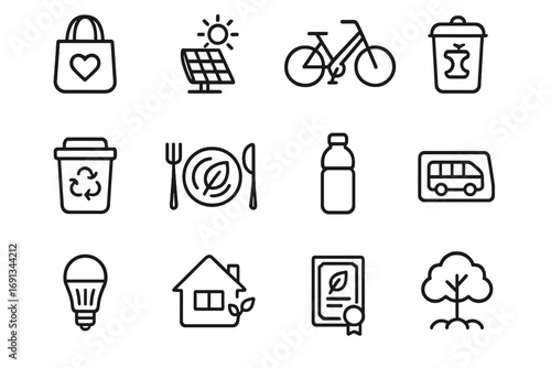 Carbon-Neutral Icon Set. Outline icon set of carbon-neutral lifestyle: reusable bag, solar charger, electric bicycle, compost bin,