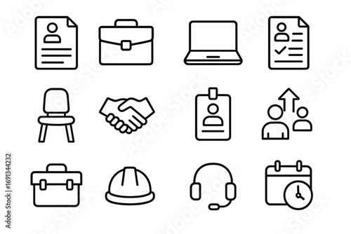Career Path Icons. Outline icon set of Career paths & job transitions: resume, briefcase, laptop, job application form, interview