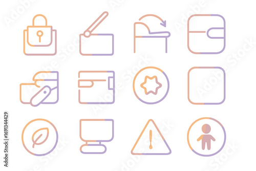 Child-Safe Hamper Icons. Gradient icons set of child-safe hamper lids: child lock latch, safety hinge, soft-close mechanism,