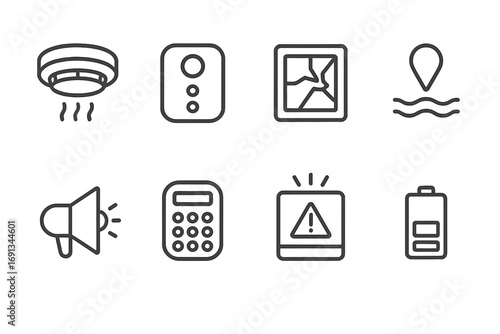 Alarm Device Icons. Outline icon set of alarm devices: smoke detector, carbon monoxide alarm, glass break sensor, flood sensor,