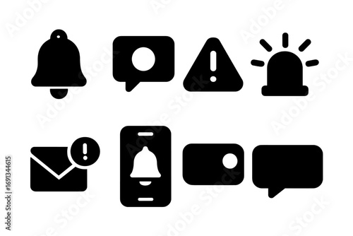 Alert Icon Set. Solid, filled icon set of reminders and alerts: bell notification, popup message, red alert, flashing light,
