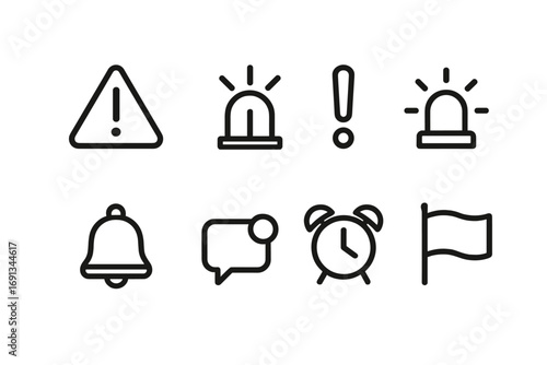 Alert Icon Set. Outline icon set of alert signals: warning sign, emergency siren, exclamation mark, flashing light, bell,