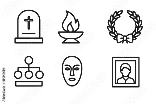 Ancestral Icons Set. Outline icon set of ancestral respect: gravestone, memorial flame, family tree, wreath, commemorative plaque,