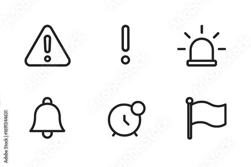 Alert Icon Set. Outline icon set of alert signals: warning sign, emergency siren, exclamation mark, flashing light, bell,