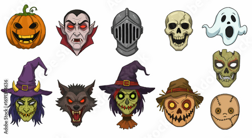 A collection of cartoon Halloween characters, featuring pumpkins, vampires, and spooky faces.