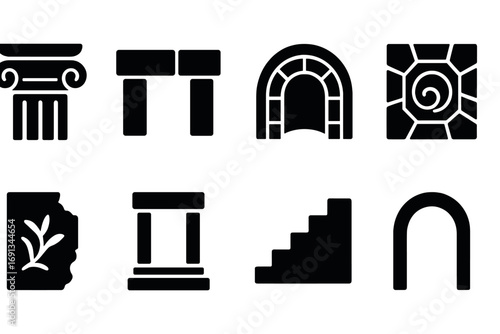 Ancient Ruins Icons. Solid, filled icon set of ancient ruins architectural features: column capital, stone lintel, vaulted ceiling