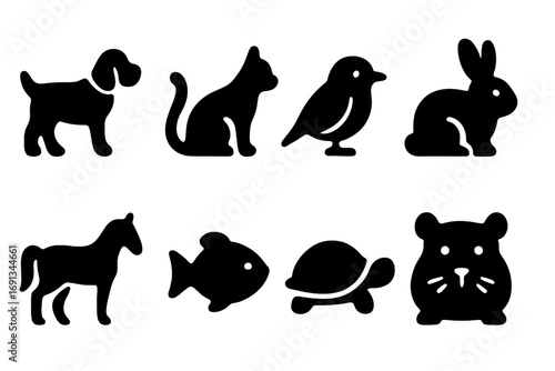 Animal Icon Grid. Solid, filled icon set of companion animals: dog, cat, bird, rabbit, horse, fish, turtle, hamster. [Solid,