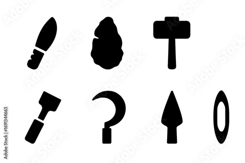 Ancient Tool Icons. Solid, filled icon set of ancient tools: flint knife, hand axe, stone grinder, wooden mallet, chisel, sickle,