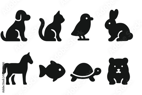 Animal Icon Grid. Solid, filled icon set of companion animals: dog, cat, bird, rabbit, horse, fish, turtle, hamster. [Solid,