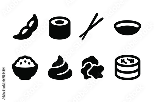 Asian Cuisine Icons. Solid, filled icon set of Asian cuisine: edamame, sushi roll, chopsticks, soy sauce dish, rice bowl, wasabi,