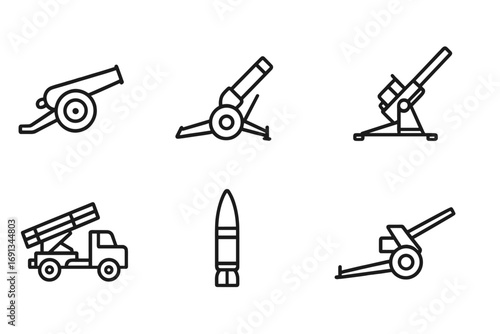 Artillery Icon Set. Outline icon set of artillery: cannon, howitzer, mortar, field gun, anti-aircraft gun, rocket launcher,