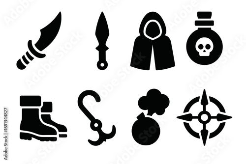 Assassin Tools Icons. Solid, filled icon set of assassin tools: ritual knife, throwing blade, black cloak, poison vial, silent