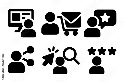 Audience Behavior Icons. Solid, filled icon set of audience behavior: browsing, purchasing, subscribing, reviewing, sharing,