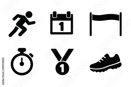 Athletic Icon Set. Solid, filled icon set of athletic pace and competition: sprinter, race bib, starting blocks, finish line tape,