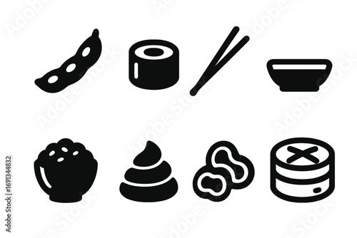 Asian Cuisine Icons. Solid, filled icon set of Asian cuisine: edamame, sushi roll, chopsticks, soy sauce dish, rice bowl, wasabi,