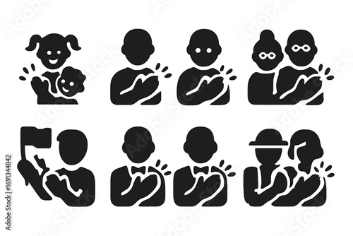 Audience Icons Grid. Solid, filled icon set of applause audience types: children, adults, elderly, fans, VIP guests, students,