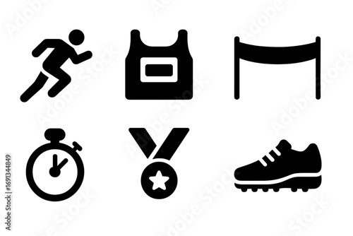 Athletic Icon Set. Solid, filled icon set of athletic pace and competition: sprinter, race bib, starting blocks, finish line tape,