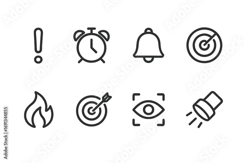 Attention Icon Set. Outline icon set of attention cues: exclamation mark, alarm clock, bell, radar, flame, target with arrow, eye