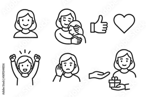 Aunt's Emotions Icons. Outline icon set of aunt’s emotions and support: smiling face, comforting hug, encouraging hand, heart