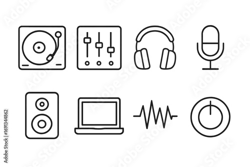 Audio Equipment Icons. Outline icon set of live audio equipment: turntable, mixer, headphones, microphone, speaker, laptop,