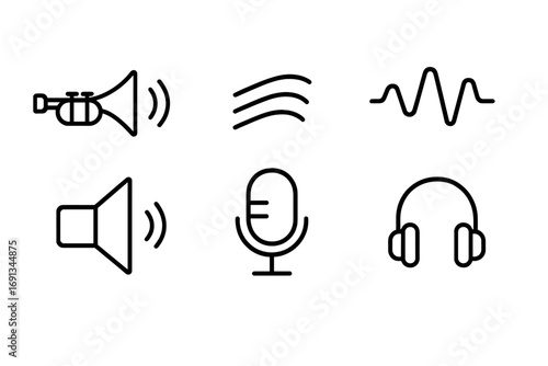 Audio Icon Set. Outline icon set of trumpet sound and effects: echo, volume knob, reverb, distortion, speaker, microphone,