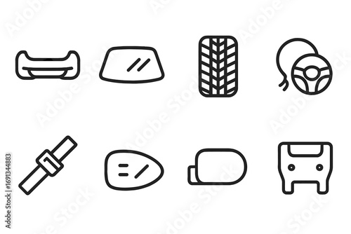 Automotive Protection Icons. Outline icon set of protective layers in automotive: car bumper, windshield, tire tread, airbag,