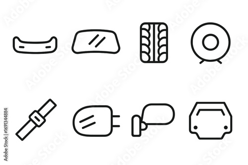 Automotive Protection Icons. Outline icon set of protective layers in automotive: car bumper, windshield, tire tread, airbag,