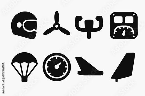 Aviation Icon Set. Solid, filled icon set of aviation equipment: pilot helmet, propeller, control yoke, cockpit, parachute,