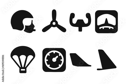 Aviation Icon Set. Solid, filled icon set of aviation equipment: pilot helmet, propeller, control yoke, cockpit, parachute,