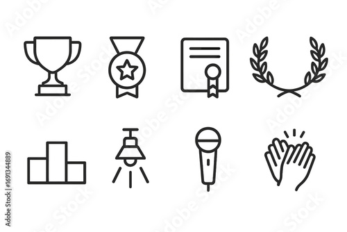 Awards Icon Set. Outline icon set of black tie awards and recognition: trophy, medal, certificate, laurel wreath, podium,