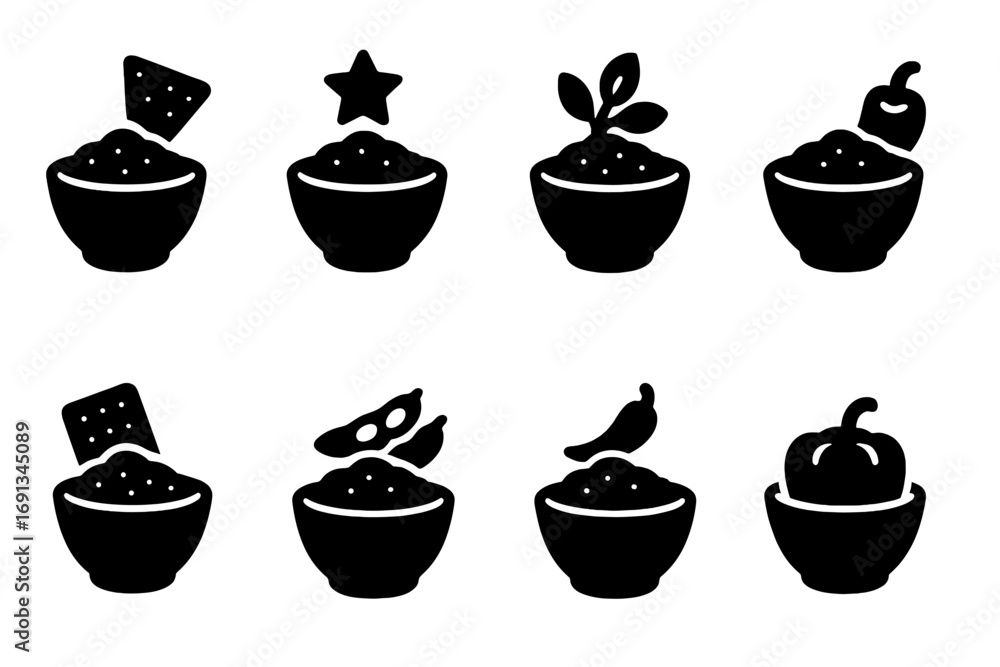 Fototapeta premium Bean Dip Icon Set. Solid, filled icon set of bean dip regional varieties: Mexican, Southwestern, Mediterranean, Tex-Mex, Caribbean