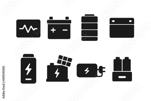Battery Pack Icons. Solid, filled icon set of battery pack types: lithium-ion pack, lead-acid pack, nickel-metal hydride pack,