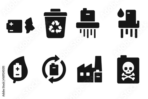 Battery Recycling Icons. Solid, filled icon set of battery pack recycling: scrap metal, recycling bin, shredder, chemical