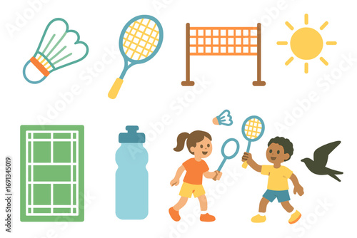 Children's Badminton Play. Flat vector mini-illustrations Badminton doubles game in colors children's illustrations: shuttlecock,