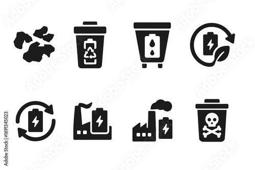 Battery Recycling Icons. Solid, filled icon set of battery pack recycling: scrap metal, recycling bin, shredder, chemical