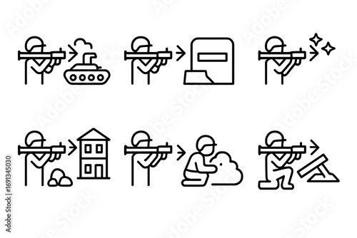 Bazooka Icon Set. Outline icon set of bazooka tactical uses: anti-armor, bunker busting, area suppression, clearing obstacles,