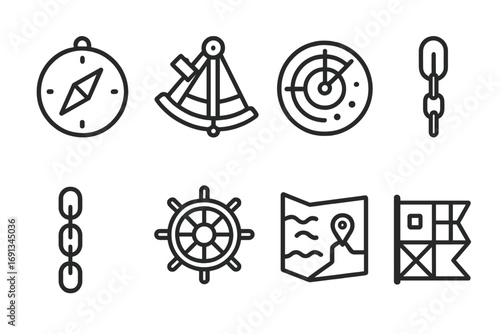 Battleship Navigation Icons. Outline icon set of battleship navigation: compass, sextant, radar screen, GPS, anchor chain, helm