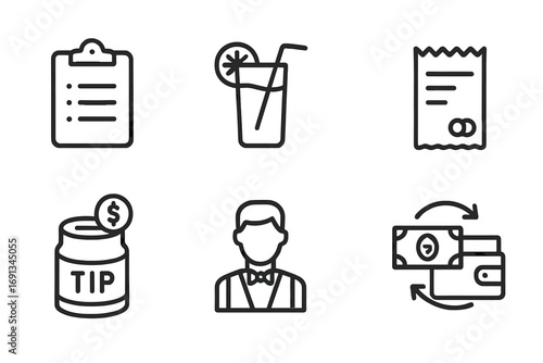 Bar Icon Set. Outline icon set of bar customer experience: bar tab, drink order, payment method, receipt, tip jar, wallet,