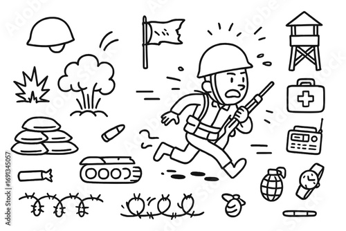 Battlefield Chaos Icons. Hand-drawn doodle illustration Soldiers fleeing the battlefield soldier running, helmet, rifle, smoke