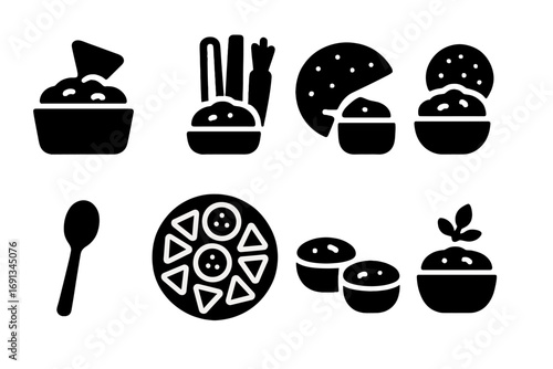 Bean Dip Icon Set. Solid, filled icon set of bean dip serving ideas: chips, sliced veggies, pita bread, crackers, spoon, party
