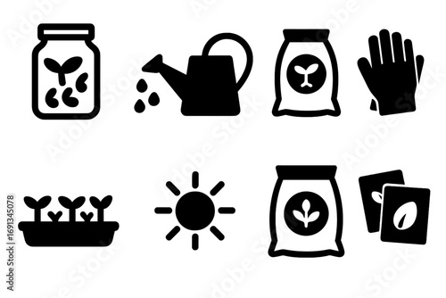 Bean Sprout Cultivation Tools. Solid, filled icon set of bean sprout cultivation tools: sprouting jar, watering can, soil bag,