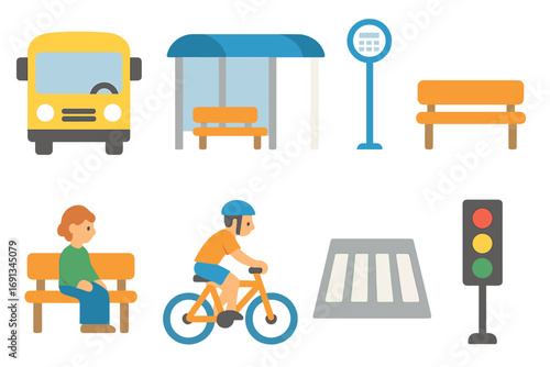 Children's Bus Stop Scene. Flat vector mini-illustrations Bus stop corner scene in colors children’s illustrations: bus, bus stop