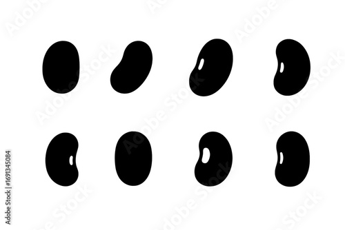 Bean Icon Set. Solid, filled icon set of bean types: navy bean, lima bean, pinto bean, fava bean, mung bean, adzuki bean,